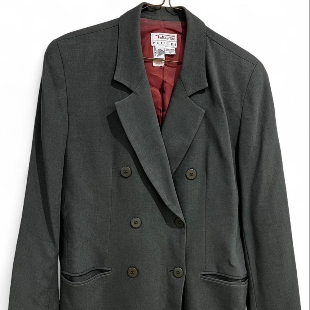 TALBOTS CHARCOAL DOUBLE-BREASTED BLAZER WITH MATCHING SKIRT